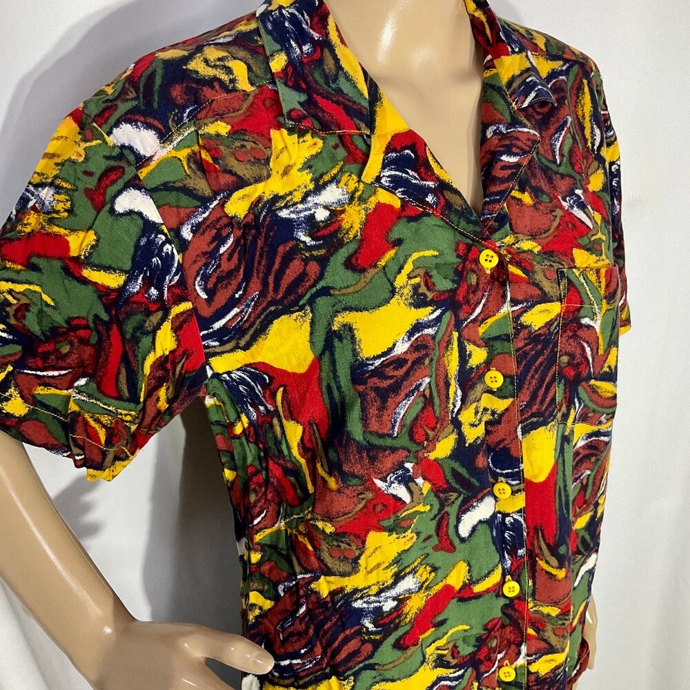 Vintage Notations Petite L Rayon Button Up Short Sleeve Shirt